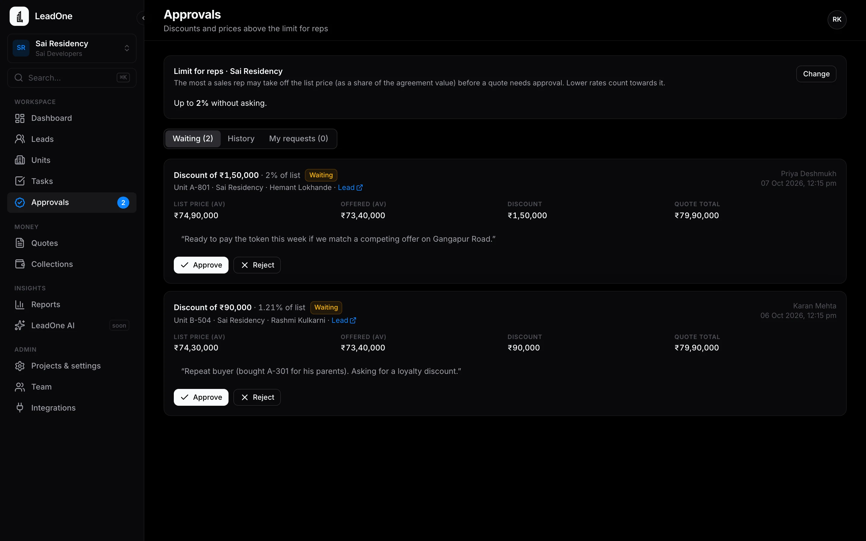Discount requests waiting for approval in LeadOne AI HQ