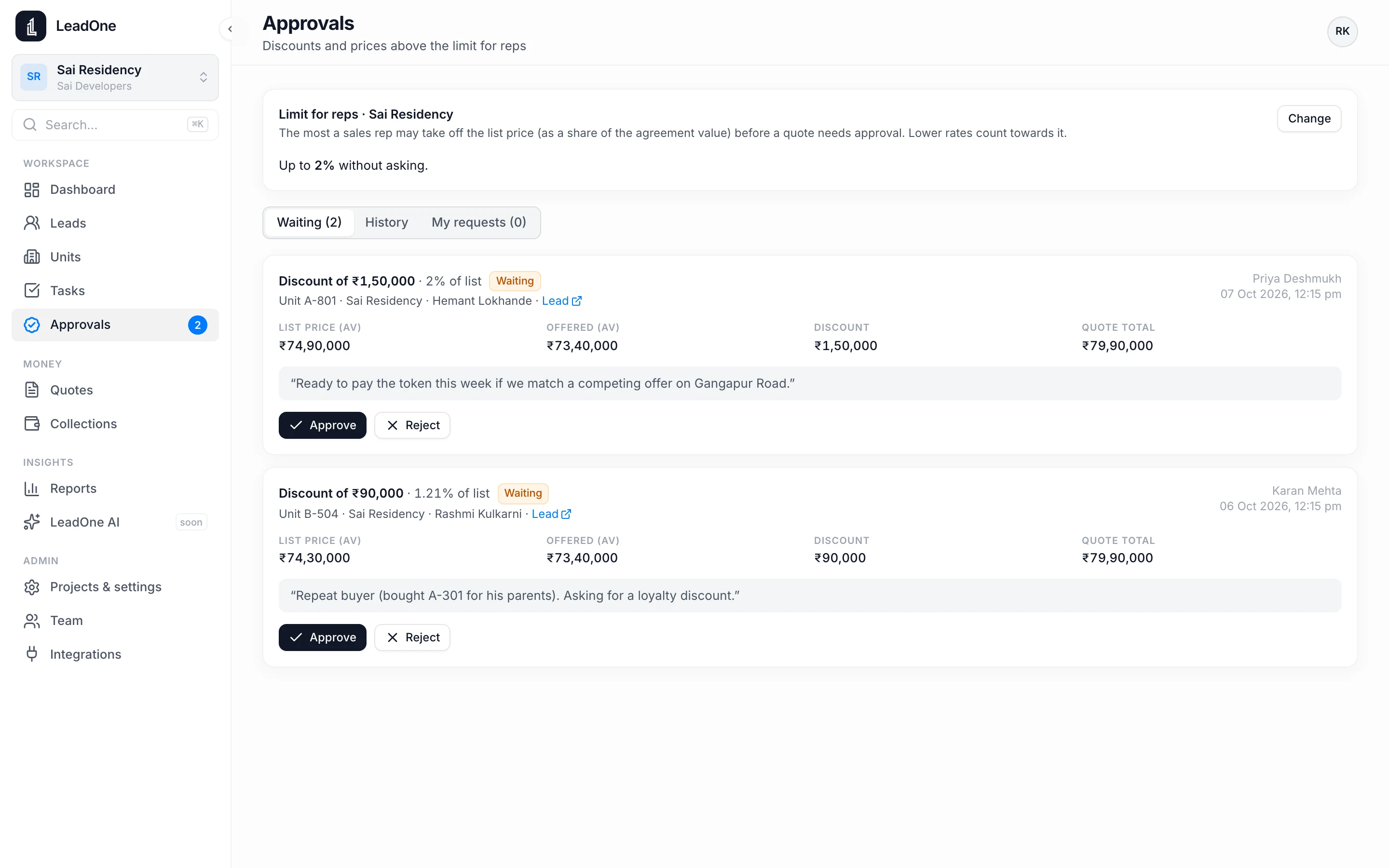 Discount requests waiting for approval in LeadOne AI HQ