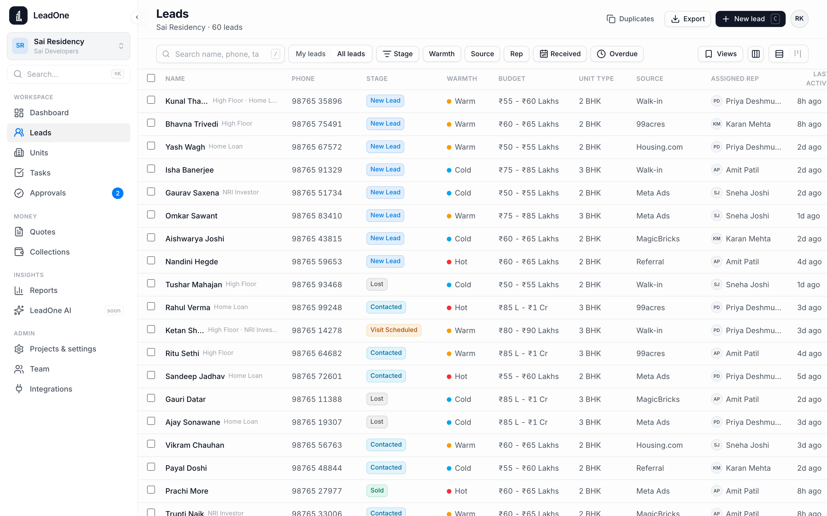 LeadOne AI HQ leads grid with source, stage, rep and next step